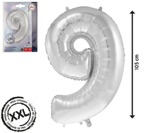 Folien-Ballons Zahlen ''9'' silber, H: ca 105 cm