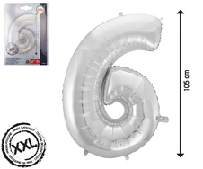 Folien-Ballons Zahlen ''6'' silber, H: ca 105 cm